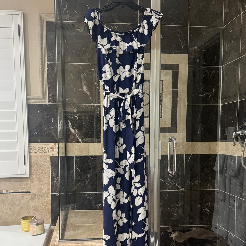 Adrianna Papell Navy and White Floral Maxi Dress